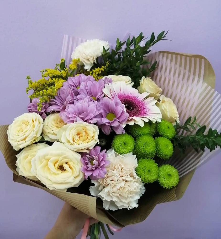 Букет цветов из: Хризантемы, Розы, Гвоздики и Герберы в Персиановском