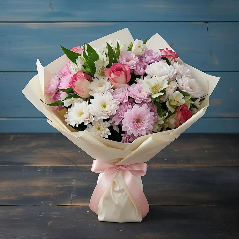 Букет цветов из: Хризантемы, Альстромерии и Розы в Персиановском